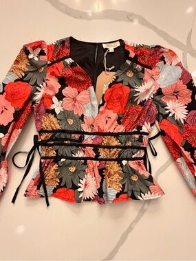 Listicle Black Floral Wrap Peplum Top with Red & Pink Blooms